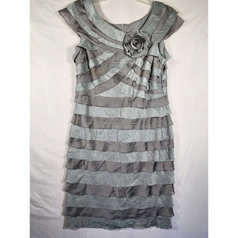 London Times Womens 18 Gray Tiered Ruffle Rosette Dress Romantic Formal Cocktail